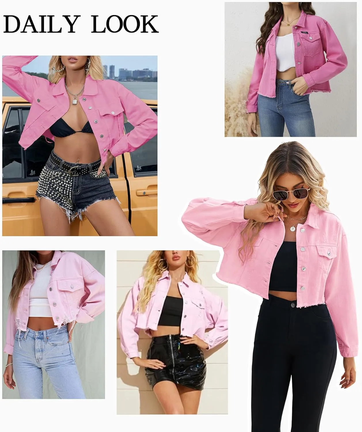 LONGYIDA Women's Cropped Denim Jacket | Distressed Button-Down Jean Jacket | Long Sleeve Ripped & Frayed Blue Coat