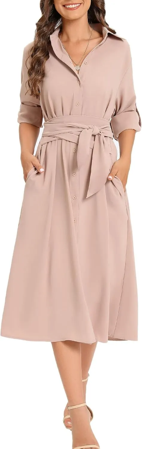 LUSMAY Women's Casual Button Down Belted Shirt Dress Long Sleeve Flowy A Line Dresses with Pockets
