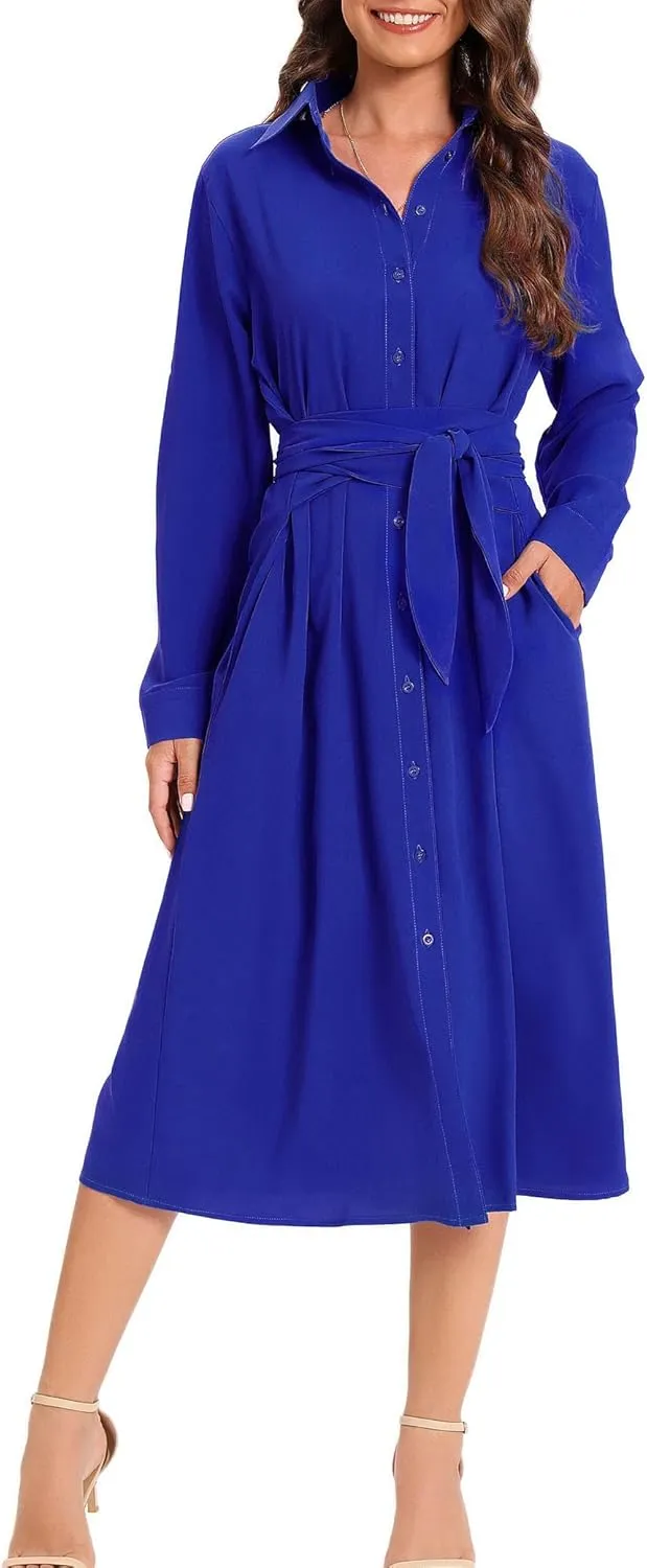 LUSMAY Women's Casual Button Down Belted Shirt Dress Long Sleeve Flowy A Line Dresses with Pockets