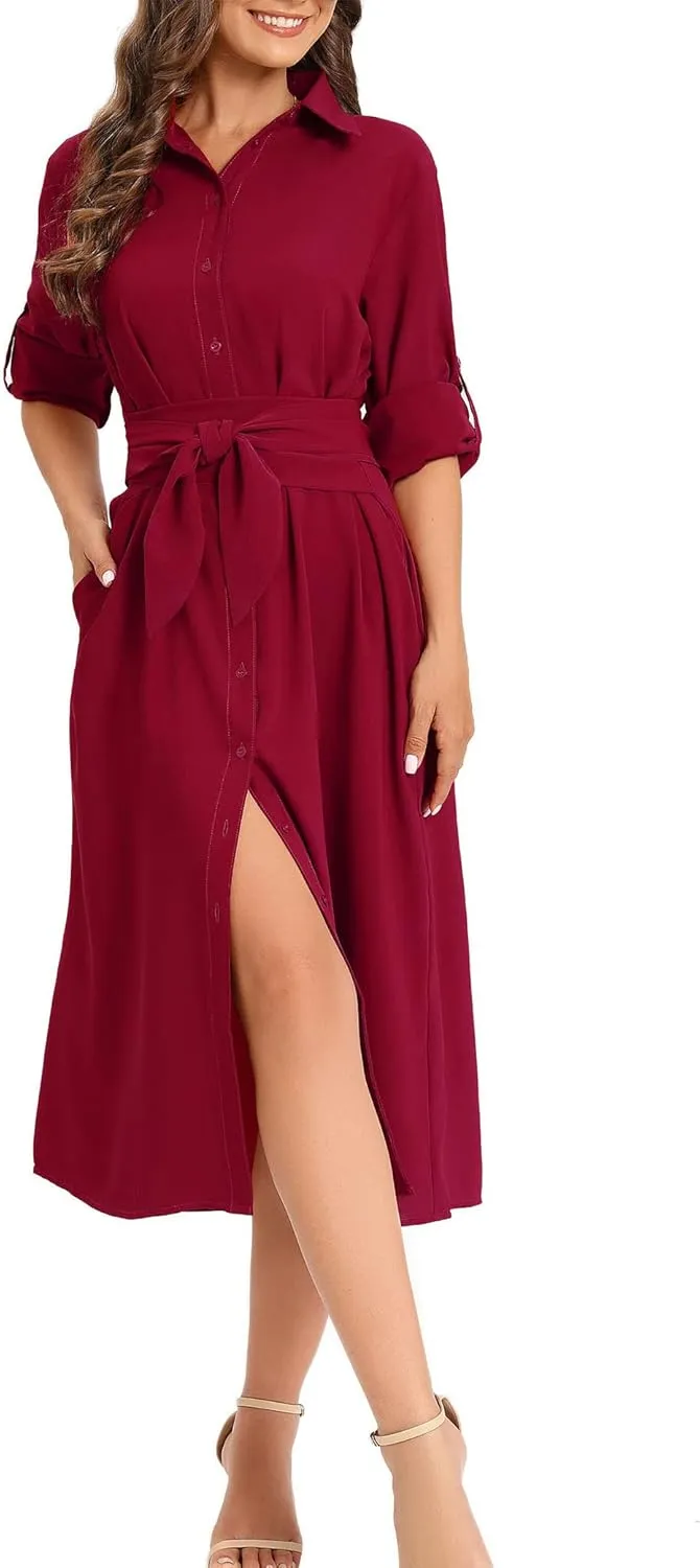 LUSMAY Women's Casual Button Down Belted Shirt Dress Long Sleeve Flowy A Line Dresses with Pockets