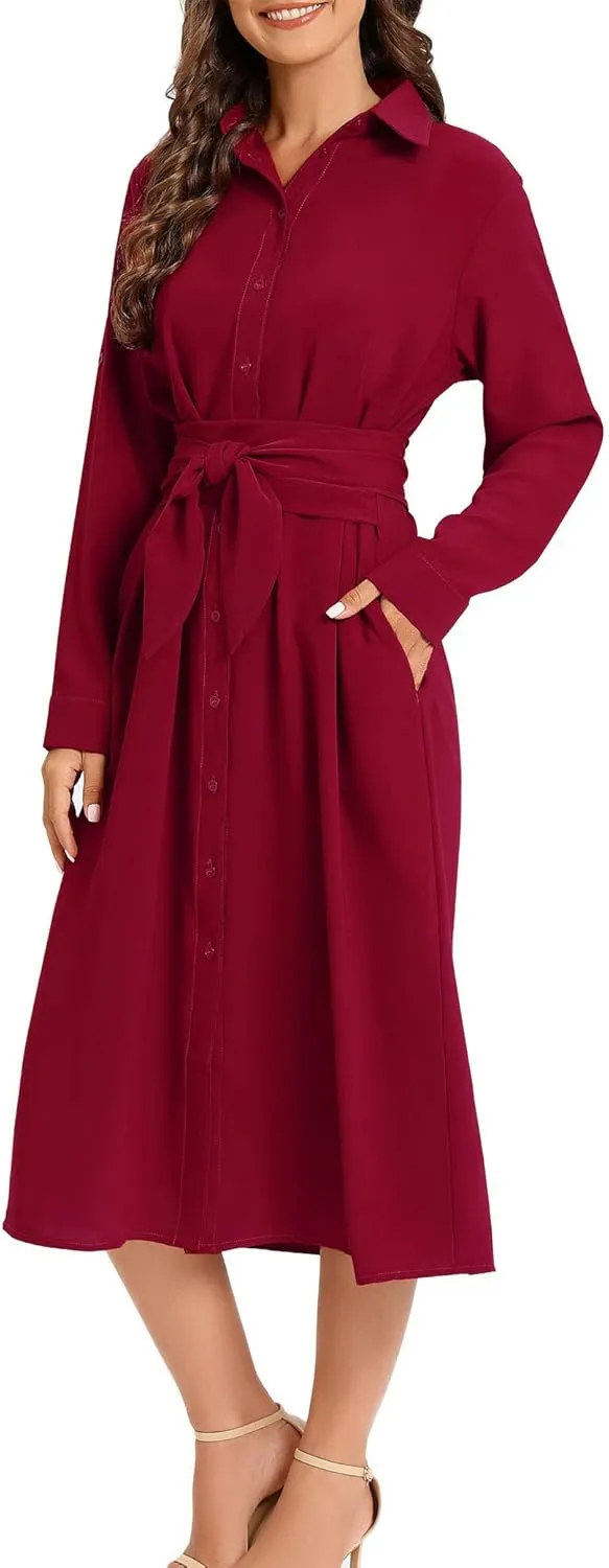 LUSMAY Women's Casual Button Down Belted Shirt Dress Long Sleeve Flowy A Line Dresses with Pockets