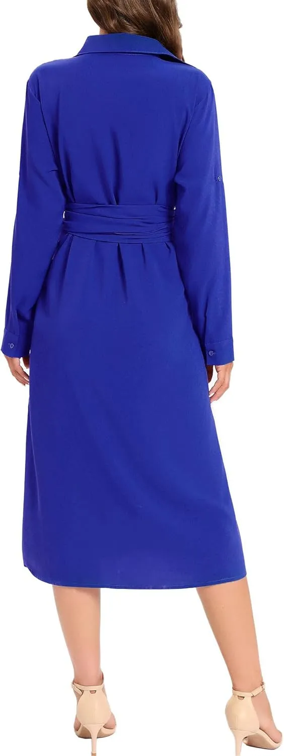 LUSMAY Women's Casual Button Down Belted Shirt Dress Long Sleeve Flowy A Line Dresses with Pockets