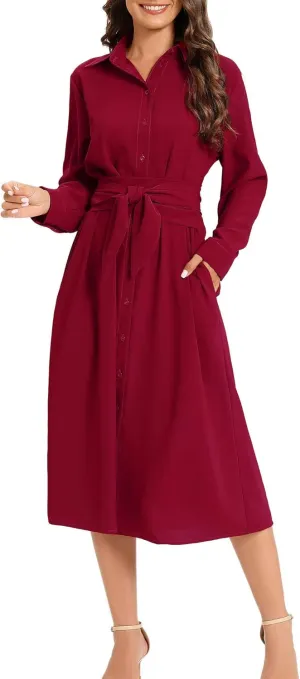 LUSMAY Women's Casual Button Down Belted Shirt Dress Long Sleeve Flowy A Line Dresses with Pockets
