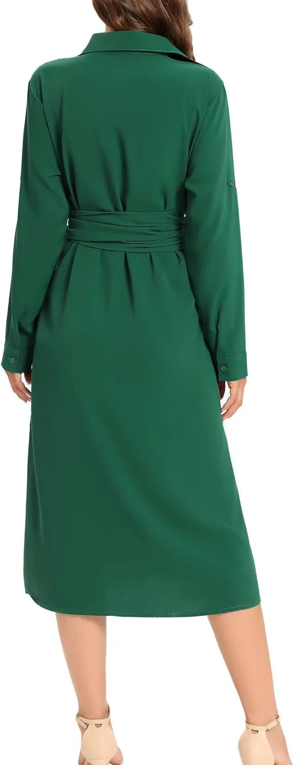 LUSMAY Women's Casual Button Down Belted Shirt Dress Long Sleeve Flowy A Line Dresses with Pockets