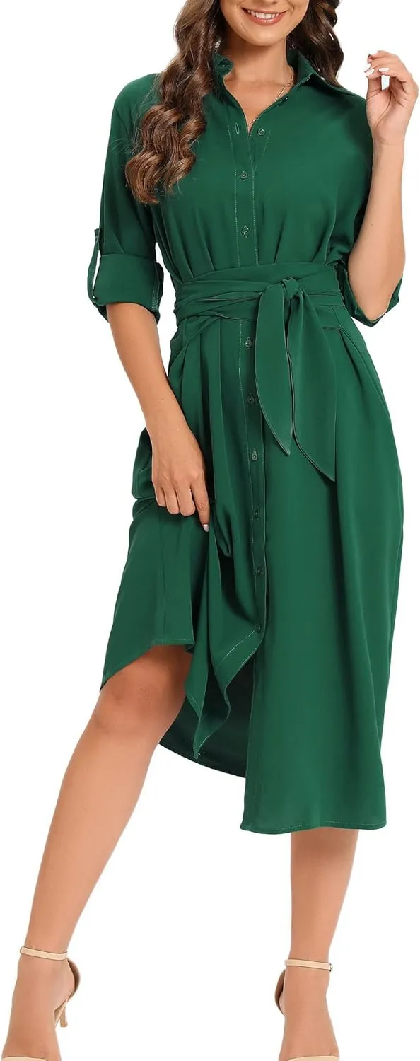 LUSMAY Women's Casual Button Down Belted Shirt Dress Long Sleeve Flowy A Line Dresses with Pockets