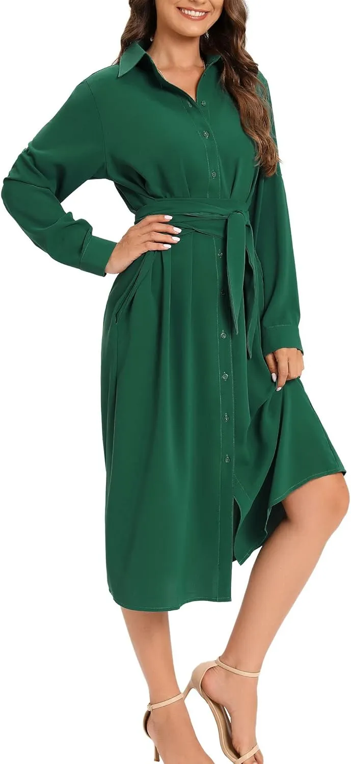 LUSMAY Women's Casual Button Down Belted Shirt Dress Long Sleeve Flowy A Line Dresses with Pockets