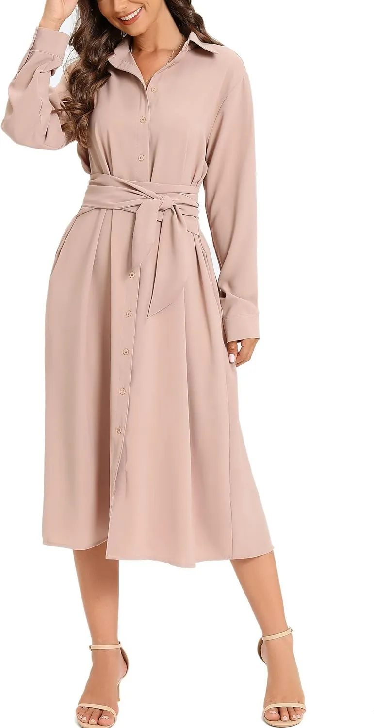 LUSMAY Women's Casual Button Down Belted Shirt Dress Long Sleeve Flowy A Line Dresses with Pockets