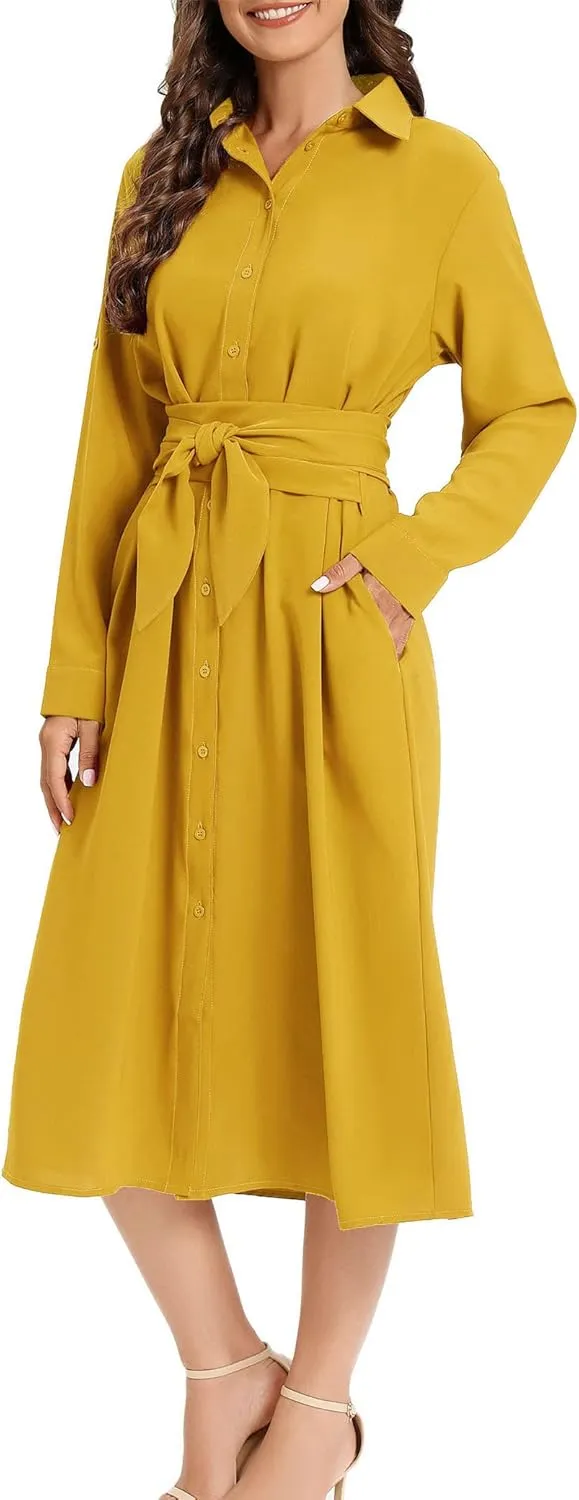 LUSMAY Women's Casual Button Down Belted Shirt Dress Long Sleeve Flowy A Line Dresses with Pockets