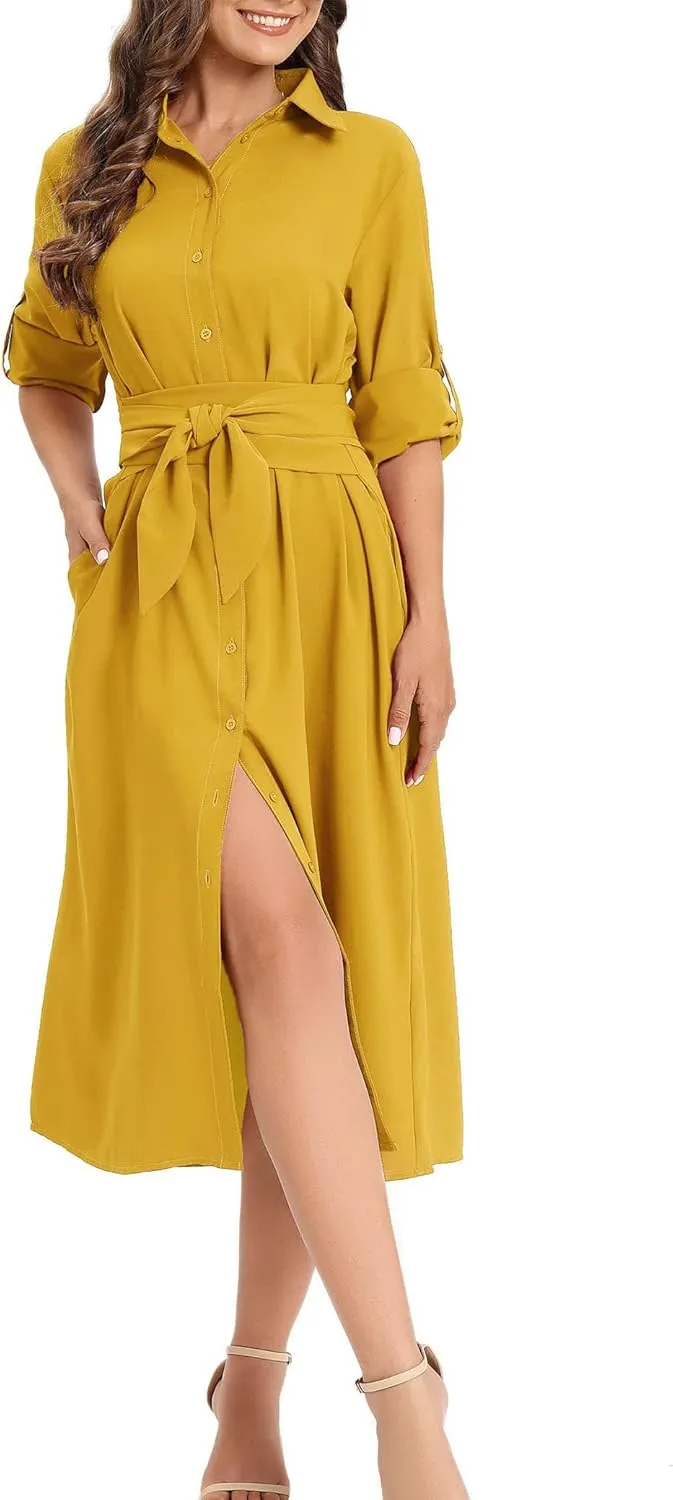 LUSMAY Women's Casual Button Down Belted Shirt Dress Long Sleeve Flowy A Line Dresses with Pockets
