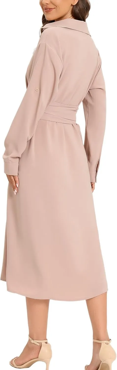 LUSMAY Women's Casual Button Down Belted Shirt Dress Long Sleeve Flowy A Line Dresses with Pockets