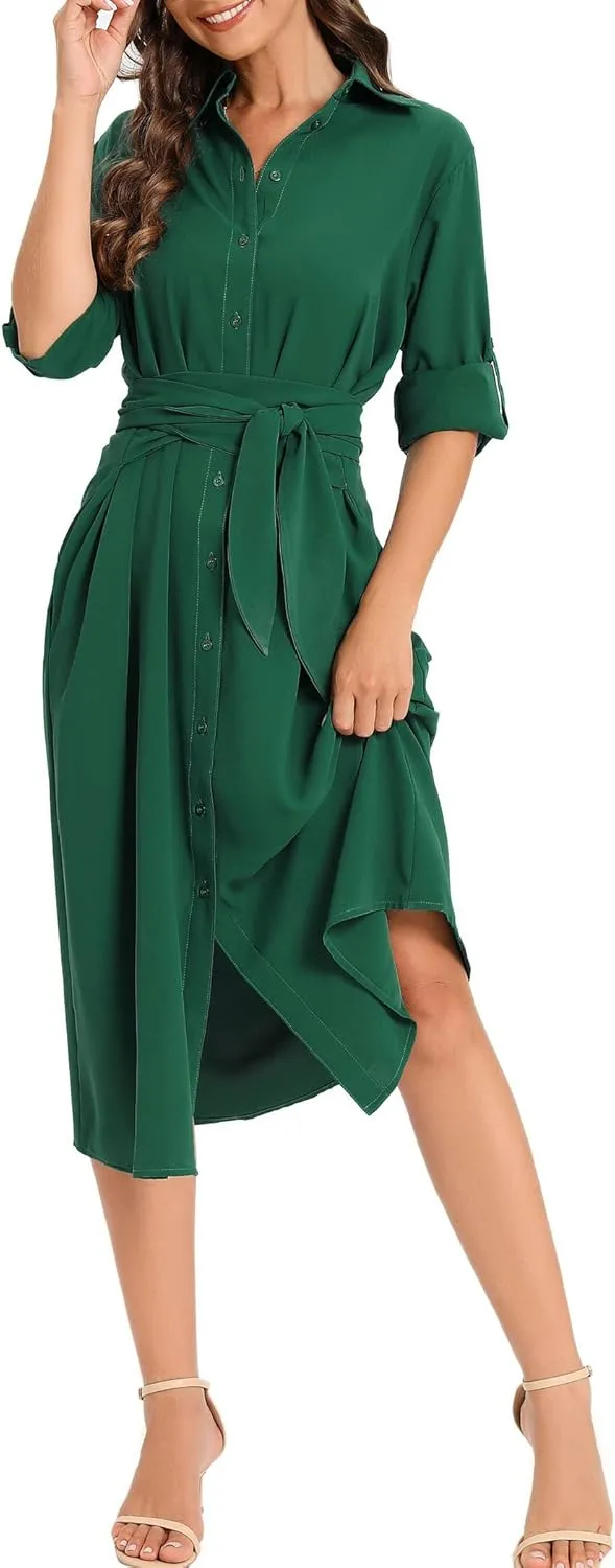 LUSMAY Women's Casual Button Down Belted Shirt Dress Long Sleeve Flowy A Line Dresses with Pockets