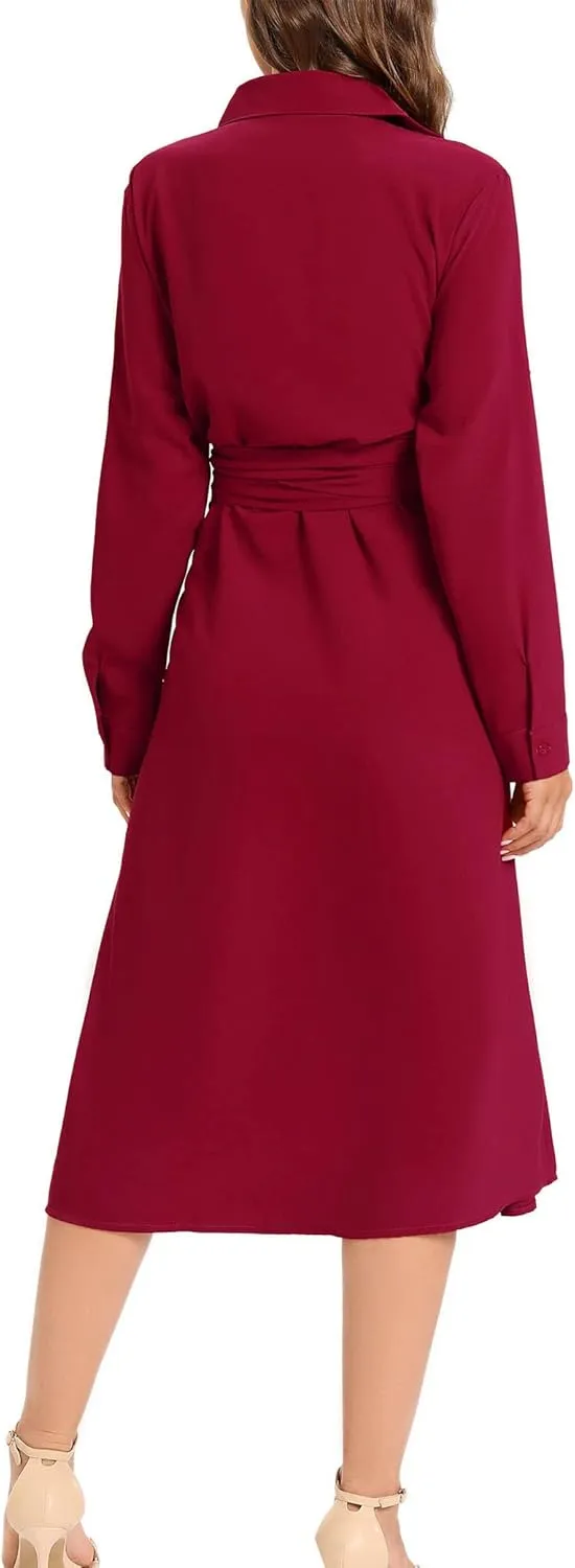 LUSMAY Women's Casual Button Down Belted Shirt Dress Long Sleeve Flowy A Line Dresses with Pockets