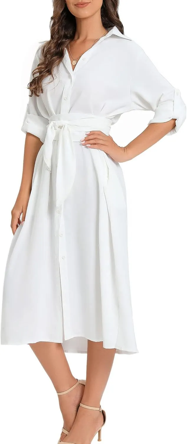 LUSMAY Women's Casual Button Down Belted Shirt Dress Long Sleeve Flowy A Line Dresses with Pockets