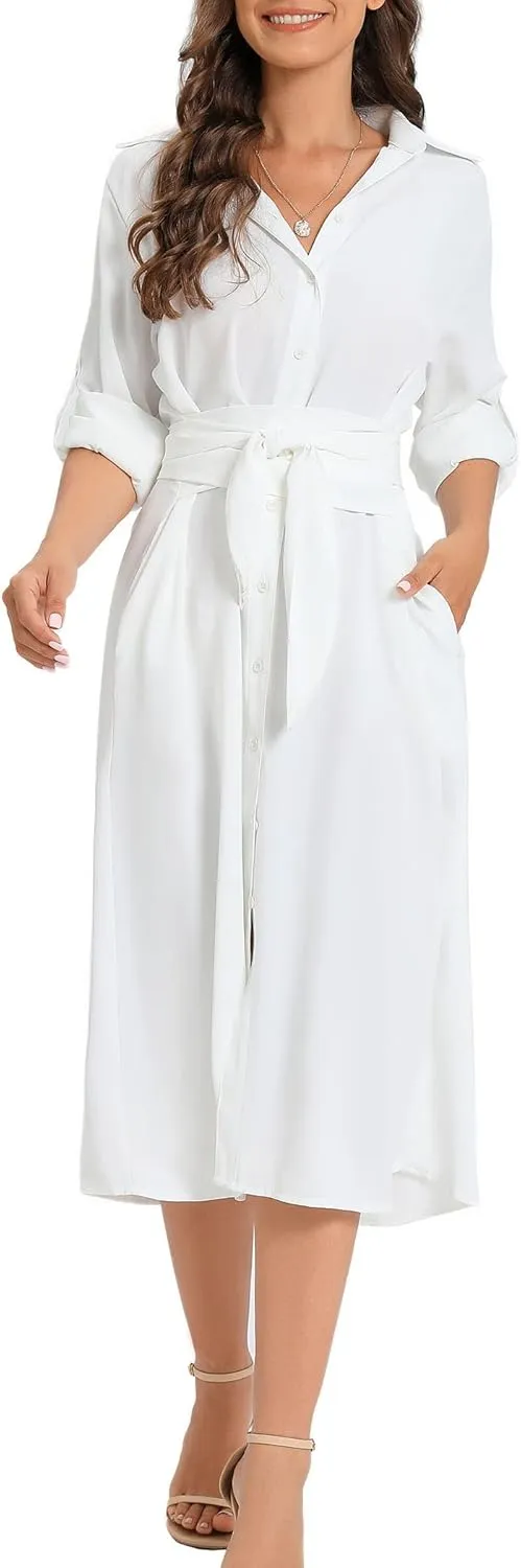 LUSMAY Women's Casual Button Down Belted Shirt Dress Long Sleeve Flowy A Line Dresses with Pockets