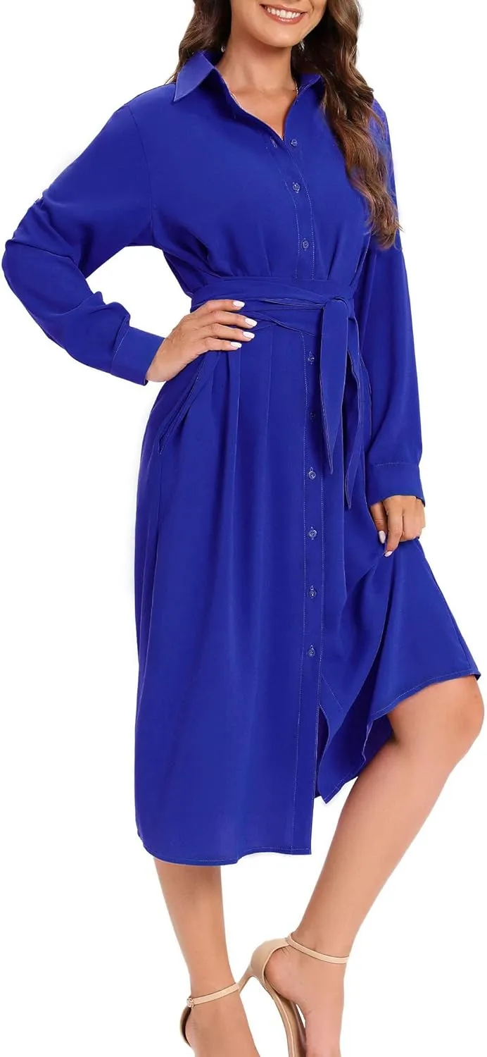 LUSMAY Women's Casual Button Down Belted Shirt Dress Long Sleeve Flowy A Line Dresses with Pockets