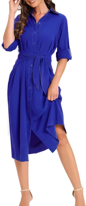 LUSMAY Women's Casual Button Down Belted Shirt Dress Long Sleeve Flowy A Line Dresses with Pockets