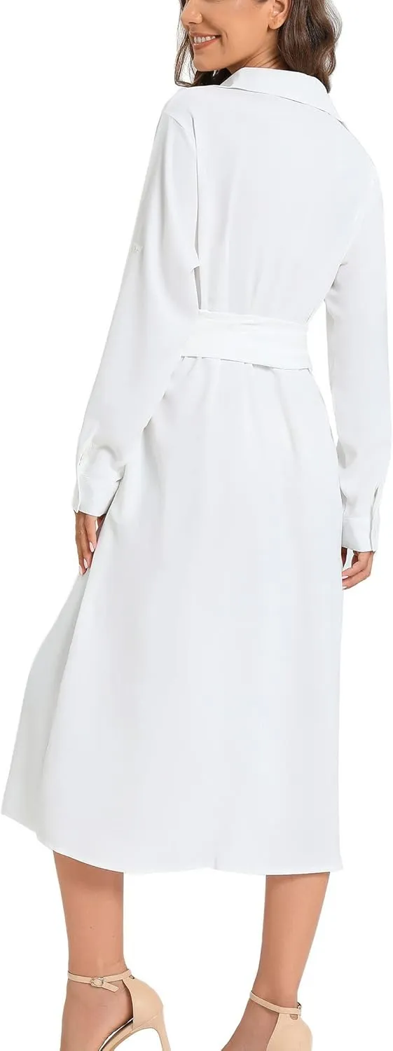 LUSMAY Women's Casual Button Down Belted Shirt Dress Long Sleeve Flowy A Line Dresses with Pockets
