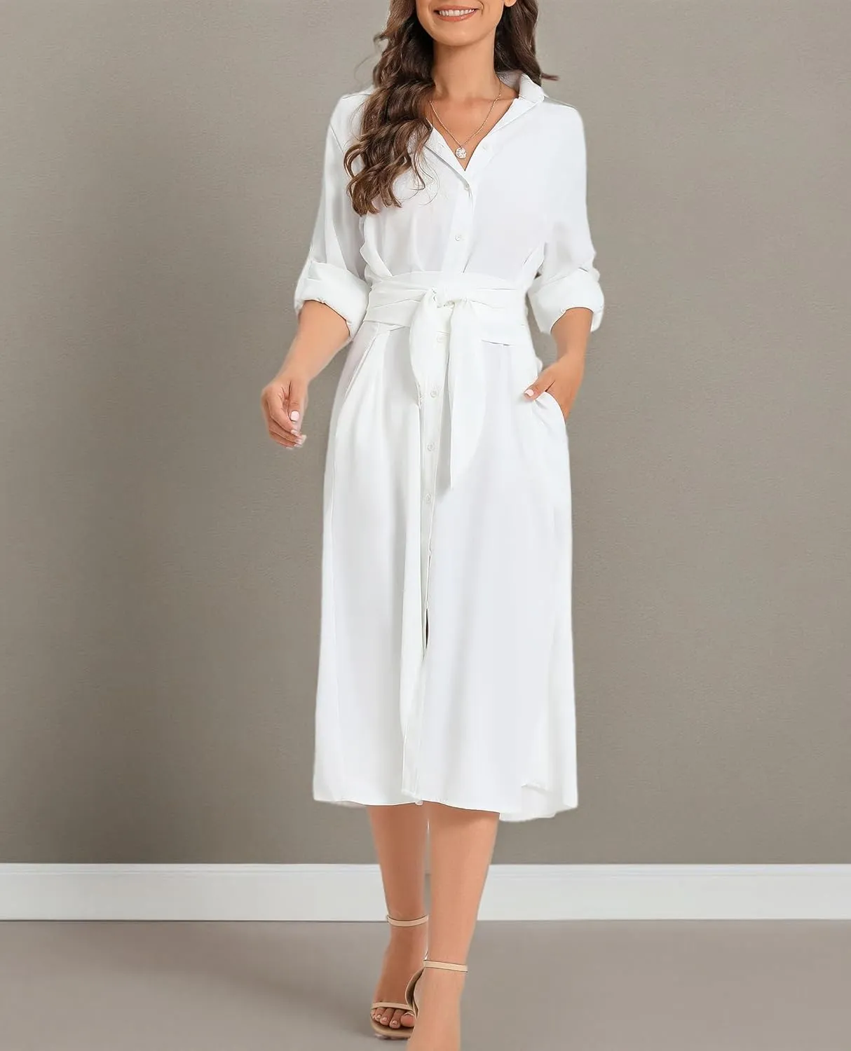 LUSMAY Women's Casual Button Down Belted Shirt Dress Long Sleeve Flowy A Line Dresses with Pockets