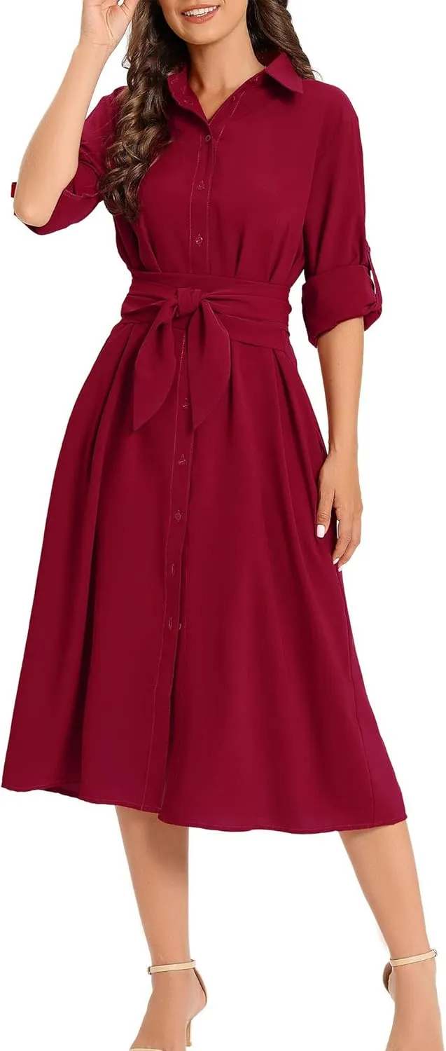 LUSMAY Women's Casual Button Down Belted Shirt Dress Long Sleeve Flowy A Line Dresses with Pockets