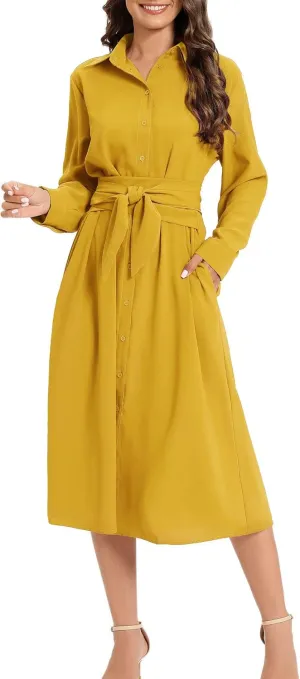 LUSMAY Women's Casual Button Down Belted Shirt Dress Long Sleeve Flowy A Line Dresses with Pockets
