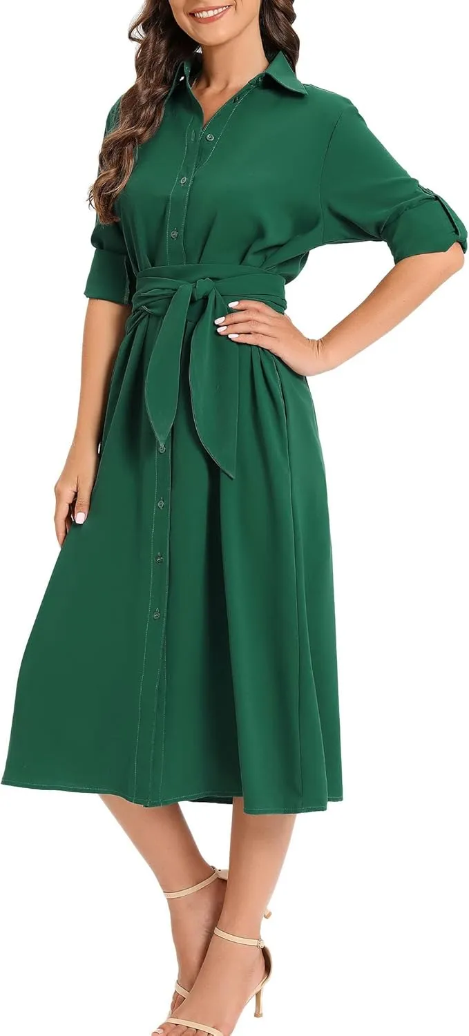 LUSMAY Women's Casual Button Down Belted Shirt Dress Long Sleeve Flowy A Line Dresses with Pockets