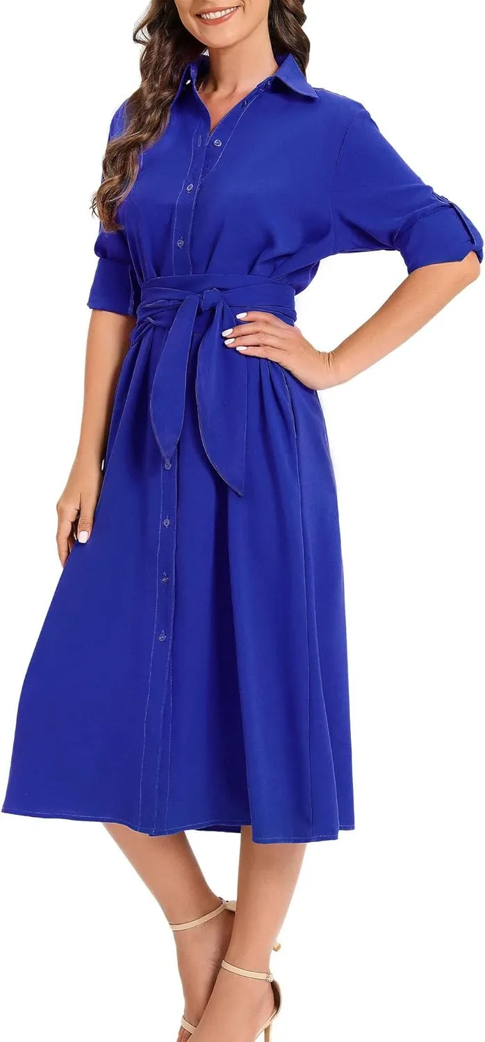 LUSMAY Women's Casual Button Down Belted Shirt Dress Long Sleeve Flowy A Line Dresses with Pockets