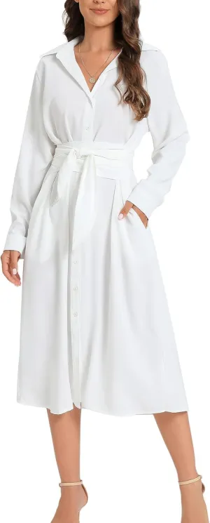 LUSMAY Women's Casual Button Down Belted Shirt Dress Long Sleeve Flowy A Line Dresses with Pockets