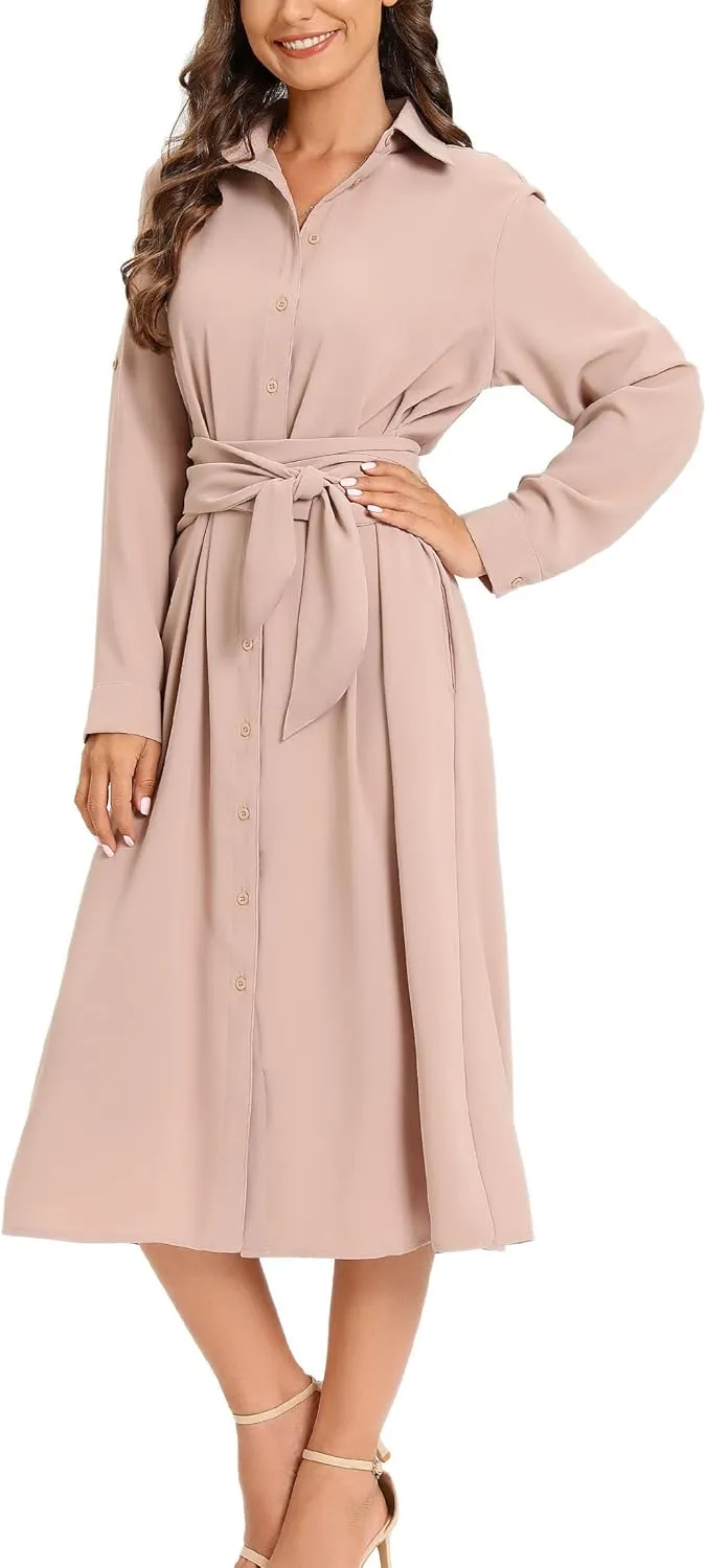 LUSMAY Women's Casual Button Down Belted Shirt Dress Long Sleeve Flowy A Line Dresses with Pockets