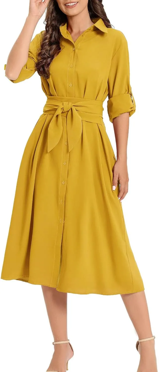 LUSMAY Women's Casual Button Down Belted Shirt Dress Long Sleeve Flowy A Line Dresses with Pockets
