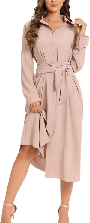 LUSMAY Women's Casual Button Down Belted Shirt Dress Long Sleeve Flowy A Line Dresses with Pockets