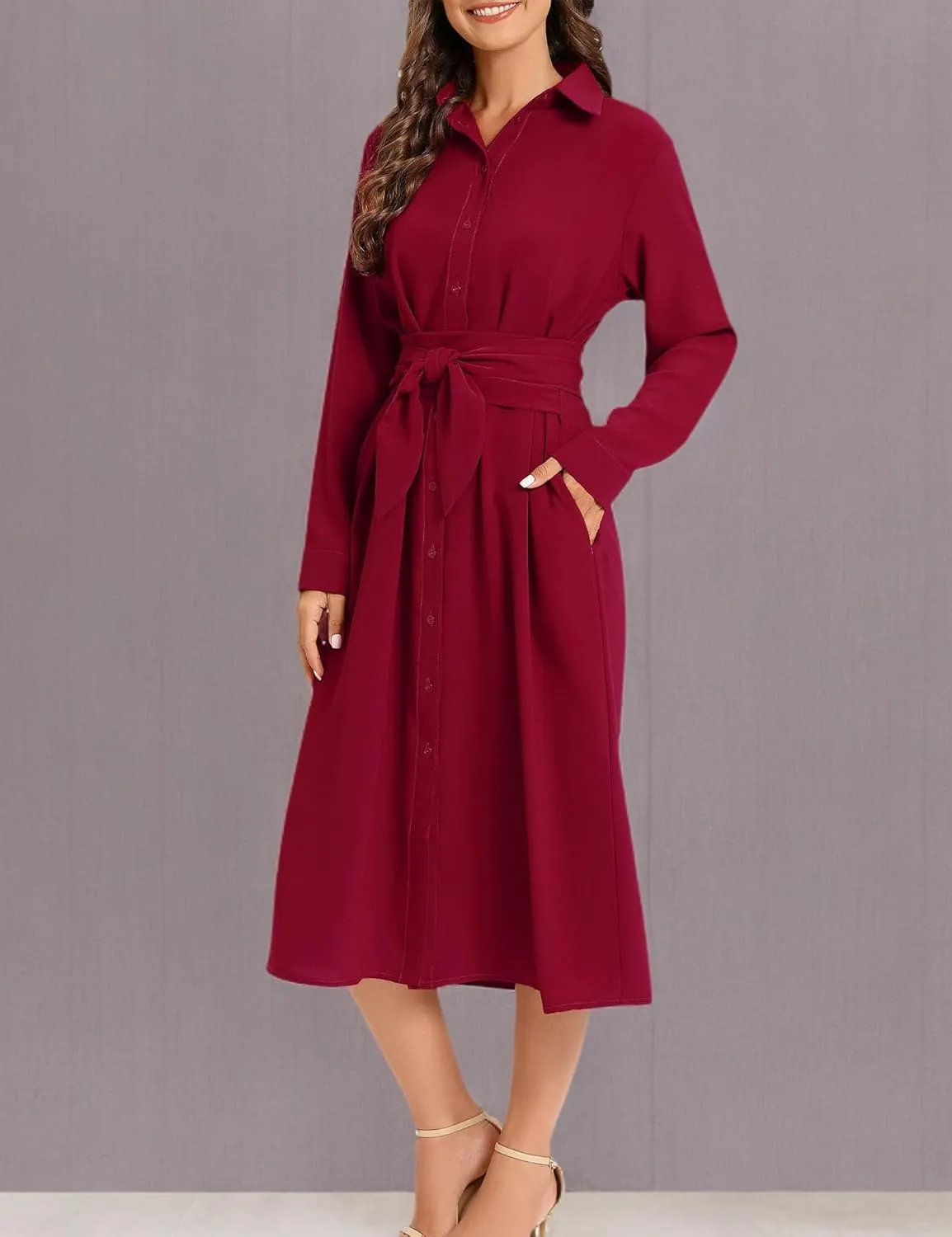 LUSMAY Women's Casual Button Down Belted Shirt Dress Long Sleeve Flowy A Line Dresses with Pockets