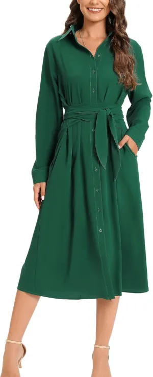 LUSMAY Women's Casual Button Down Belted Shirt Dress Long Sleeve Flowy A Line Dresses with Pockets
