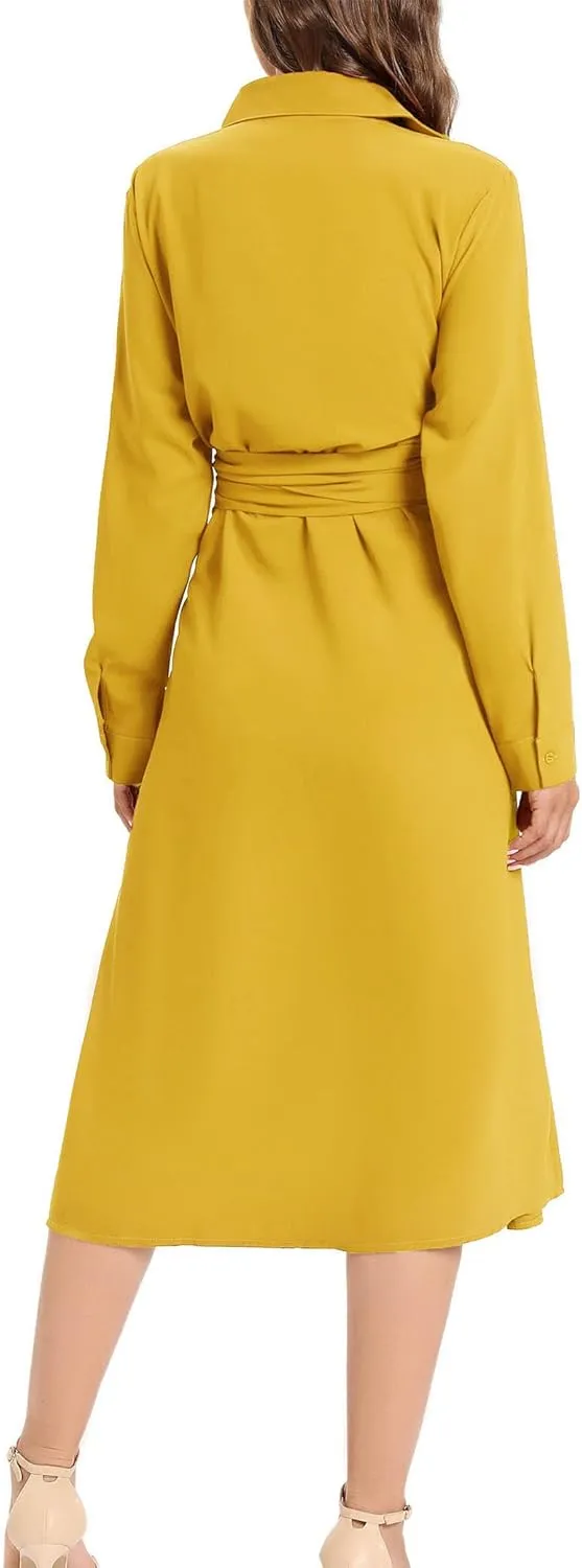 LUSMAY Women's Casual Button Down Belted Shirt Dress Long Sleeve Flowy A Line Dresses with Pockets