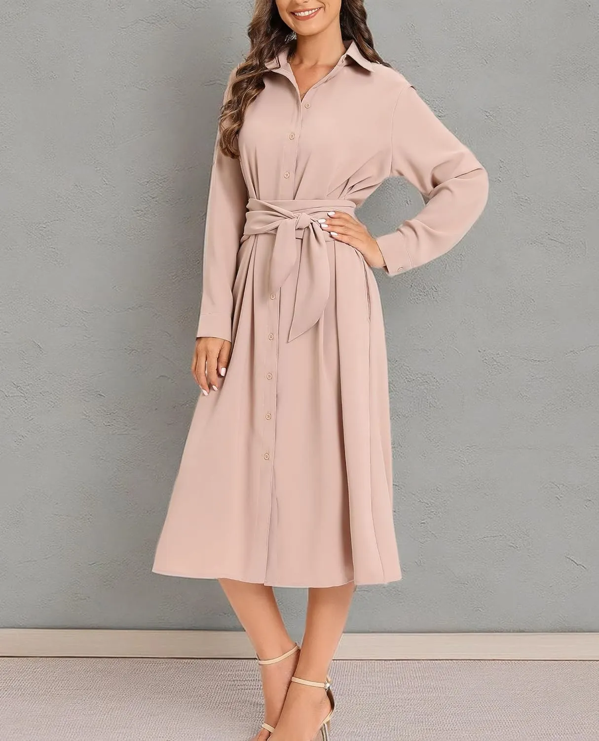 LUSMAY Women's Casual Button Down Belted Shirt Dress Long Sleeve Flowy A Line Dresses with Pockets