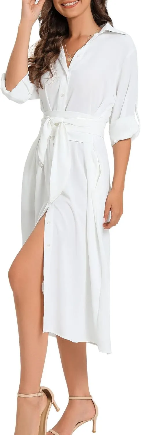 LUSMAY Women's Casual Button Down Belted Shirt Dress Long Sleeve Flowy A Line Dresses with Pockets