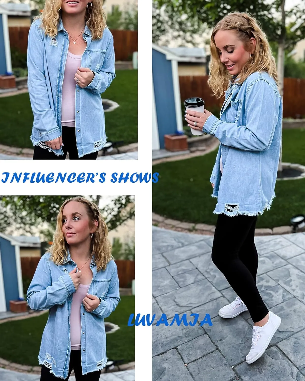 luvamia Womens Denim Jacket Distressed Button Down Jean Shirt For Women Ripped Shacket Coat