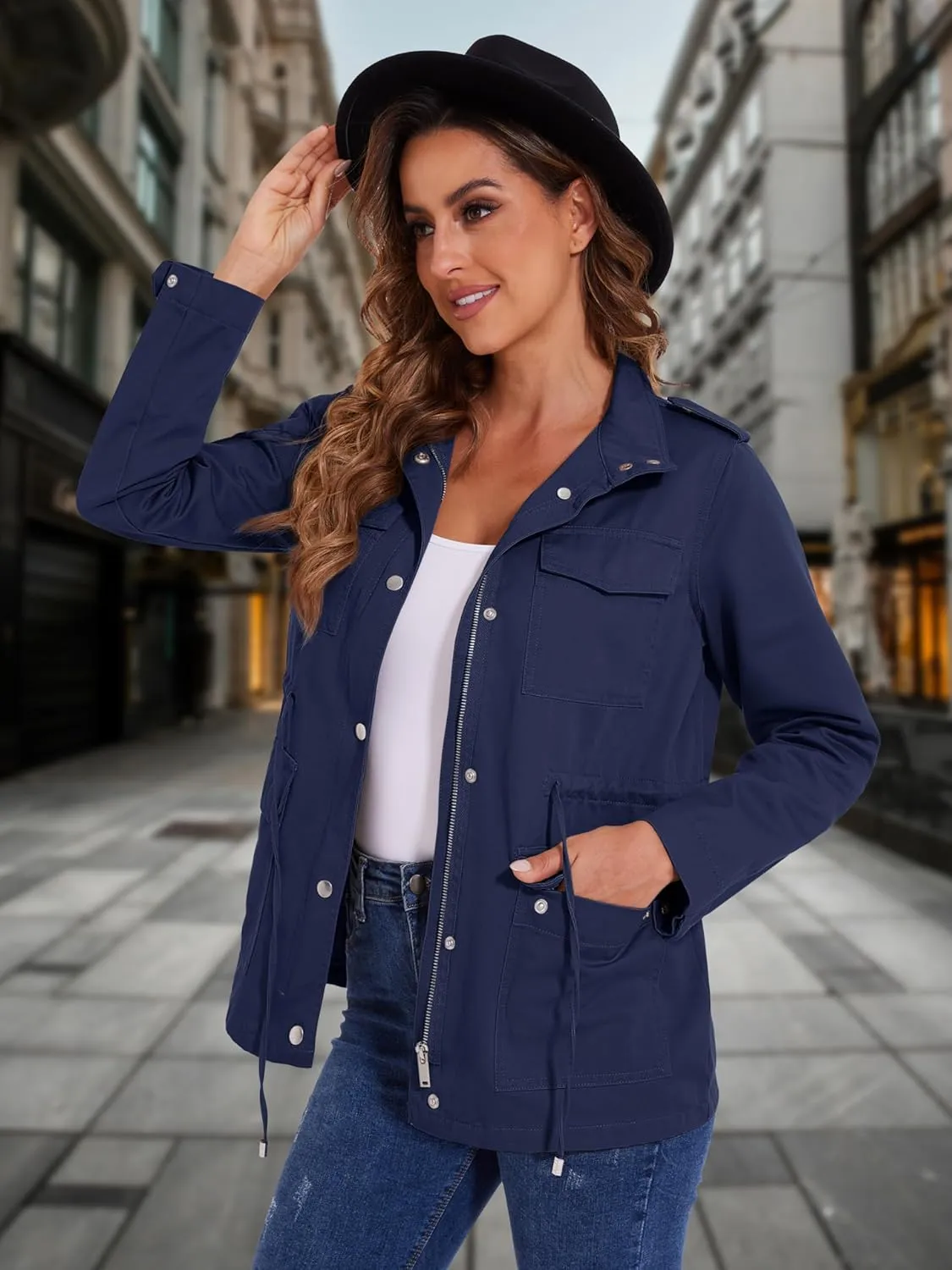 MAGCOMSEN Women's Utility Jackets Lightweight Anorak Drawstring Waist Zip Up Field Military Casual Coat with 4 Pockets