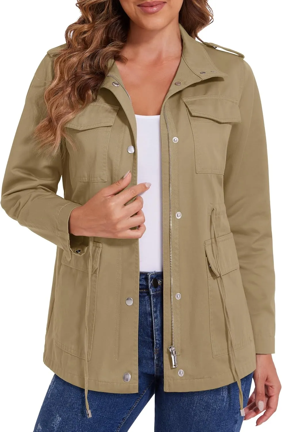 MAGCOMSEN Women's Utility Jackets Lightweight Anorak Drawstring Waist Zip Up Field Military Casual Coat with 4 Pockets