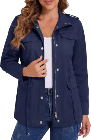MAGCOMSEN Women's Utility Jackets Lightweight Anorak Drawstring Waist Zip Up Field Military Casual Coat with 4 Pockets