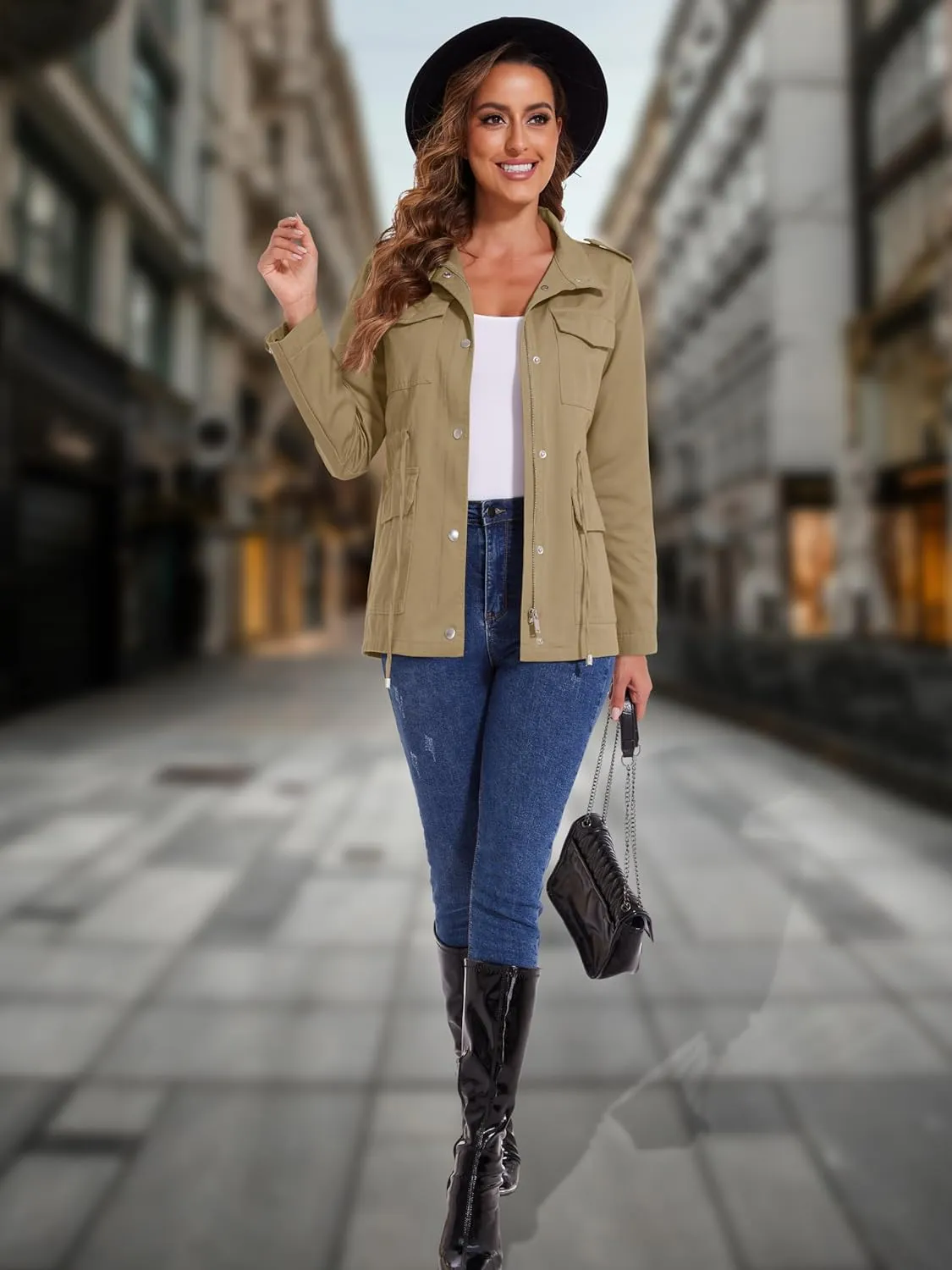 MAGCOMSEN Women's Utility Jackets Lightweight Anorak Drawstring Waist Zip Up Field Military Casual Coat with 4 Pockets