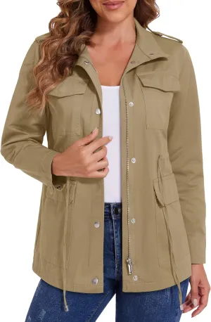 MAGCOMSEN Women's Utility Jackets Lightweight Anorak Drawstring Waist Zip Up Field Military Casual Coat with 4 Pockets