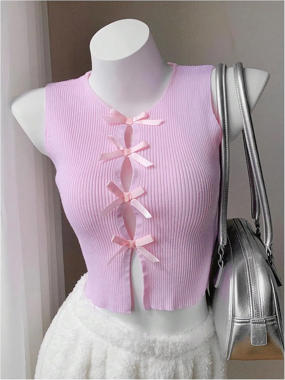 MakeMeChic Women's Bow Knot Sweater Vest Crew Neck Sleeveless Knit Vest Top