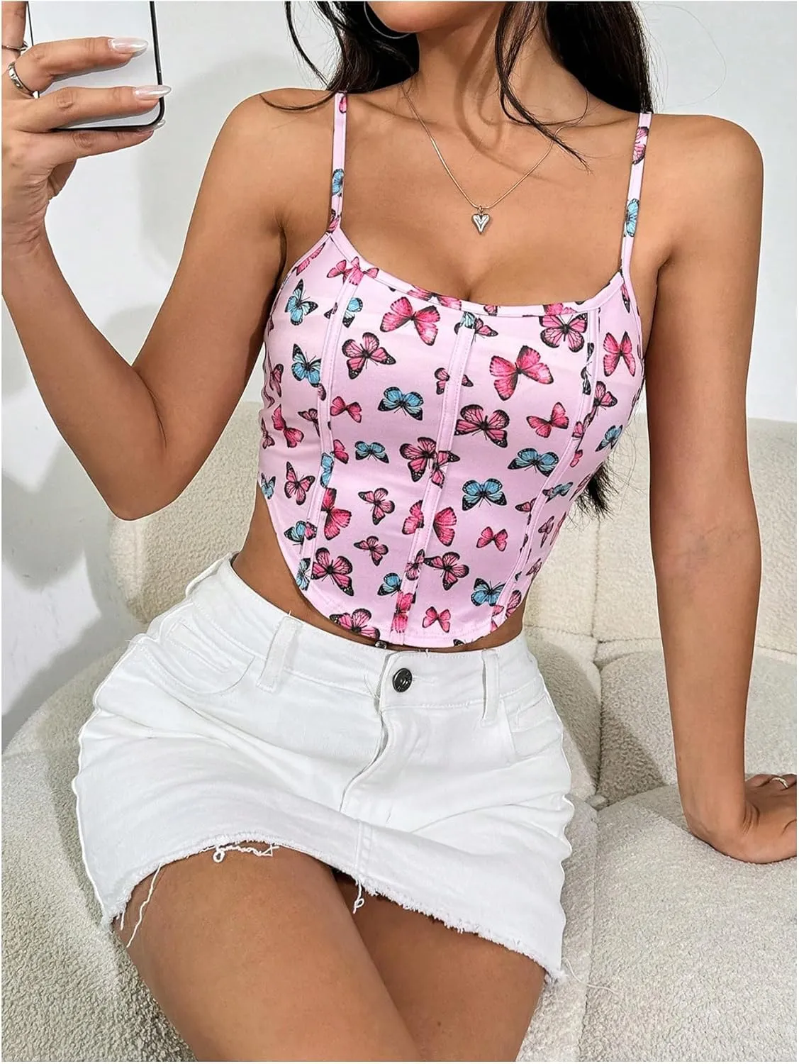 MakeMeChic Women's Butterfly Print Tank Crop Top Spaghetti Strap Sleeveless Y2k Camisole