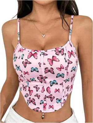 MakeMeChic Women's Butterfly Print Tank Crop Top Spaghetti Strap Sleeveless Y2k Camisole
