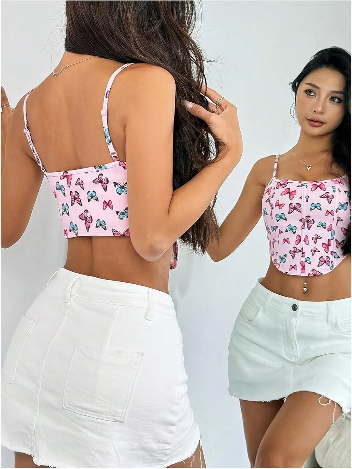 MakeMeChic Women's Butterfly Print Tank Crop Top Spaghetti Strap Sleeveless Y2k Camisole