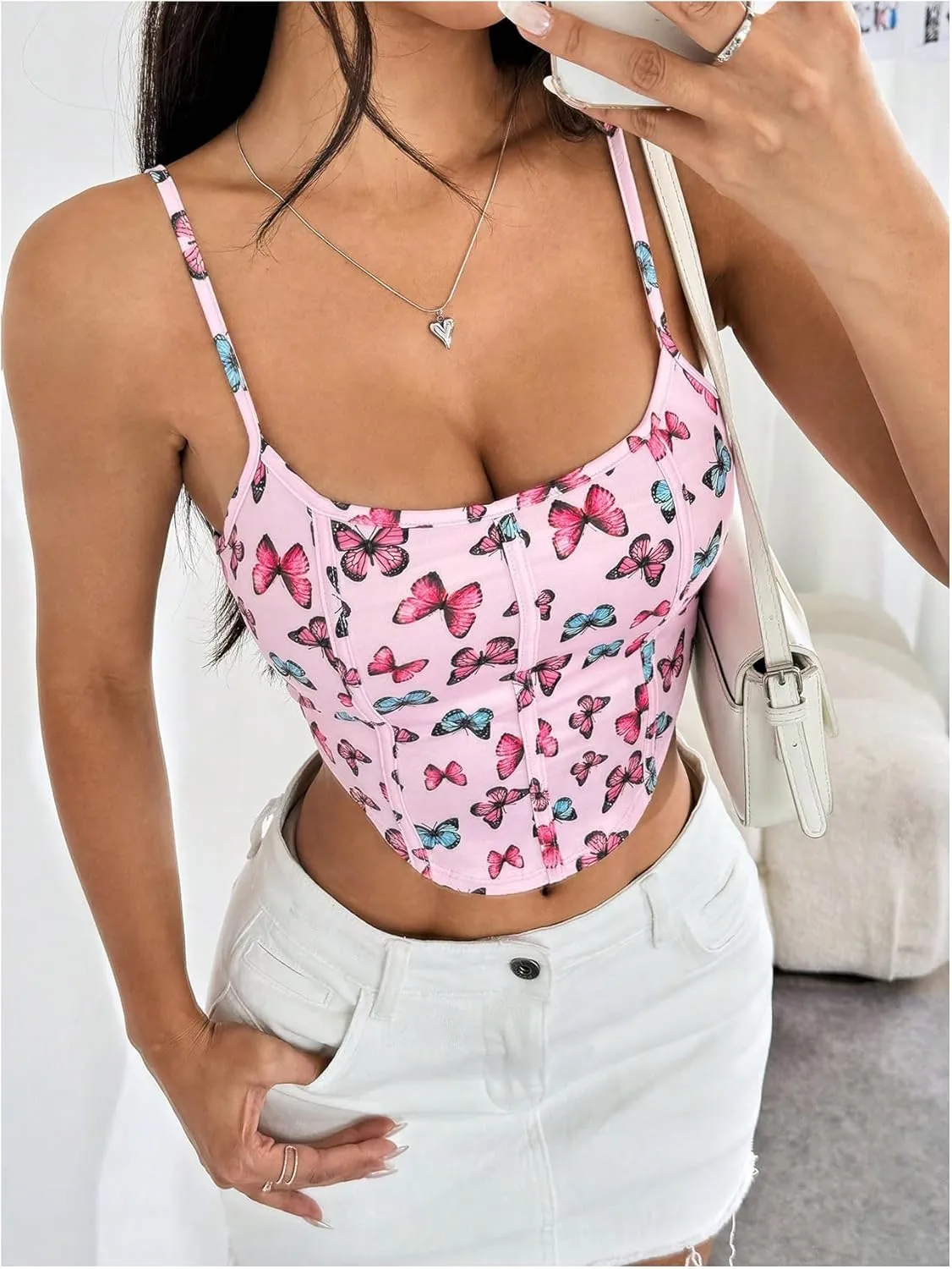 MakeMeChic Women's Butterfly Print Tank Crop Top Spaghetti Strap Sleeveless Y2k Camisole