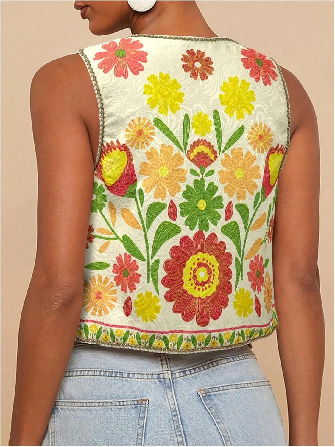 MakeMeChic Women's Floral V Neck Tank Top Sleeveless Tie Front Boho Vest