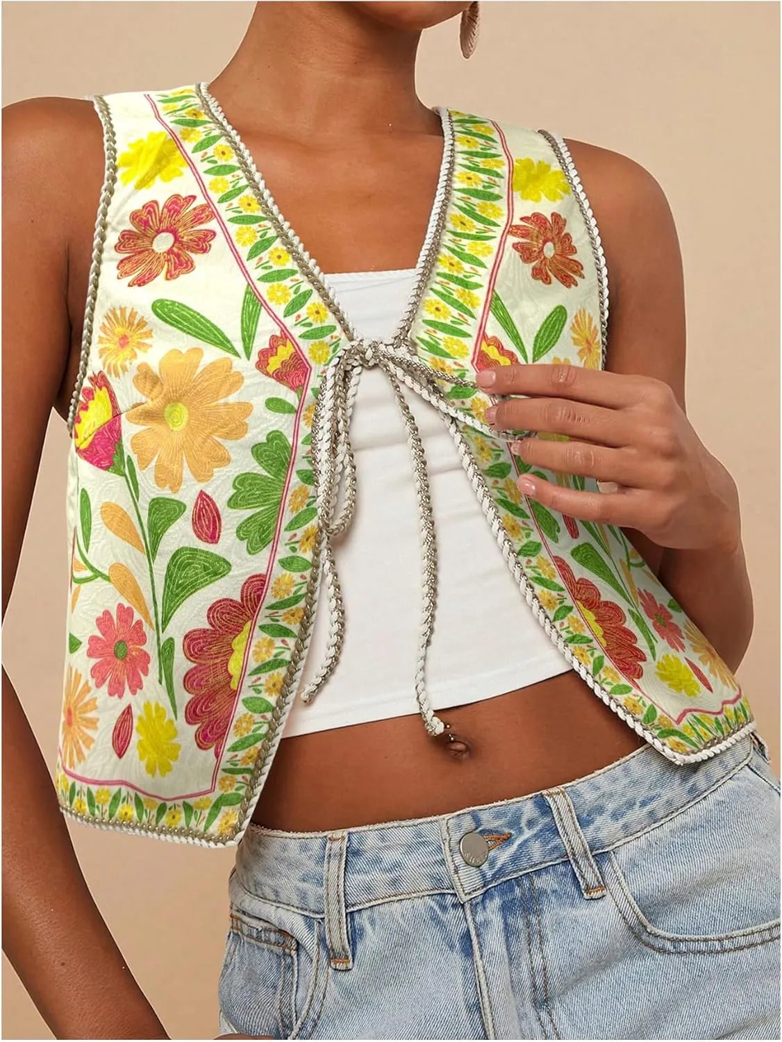 MakeMeChic Women's Floral V Neck Tank Top Sleeveless Tie Front Boho Vest