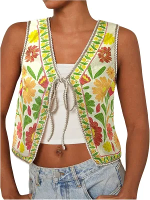 MakeMeChic Women's Floral V Neck Tank Top Sleeveless Tie Front Boho Vest