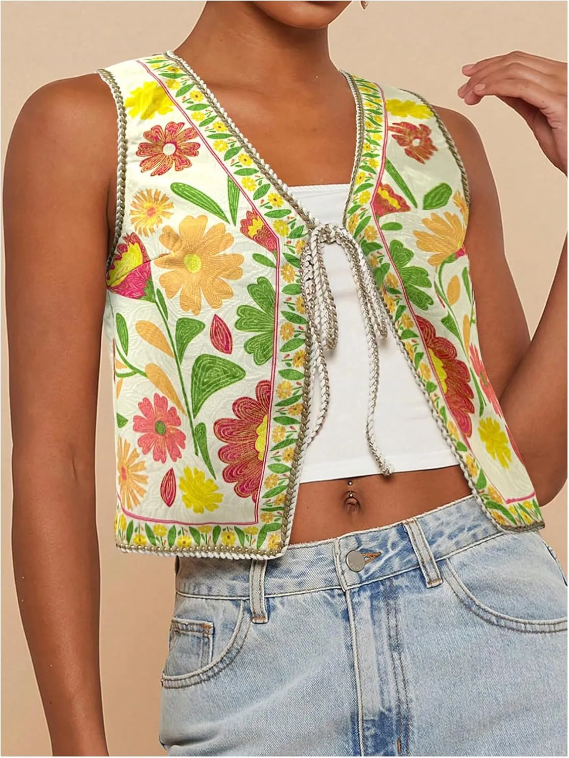 MakeMeChic Women's Floral V Neck Tank Top Sleeveless Tie Front Boho Vest